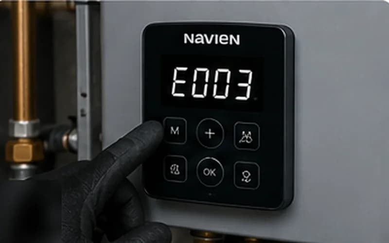 Technician performing precise maintenance on a boiler system — Navien E003 ignition failure diagnosis