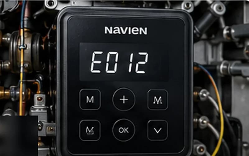 Technician servicing a heating system in a mechanical room — Navien E012 flame loss diagnostic