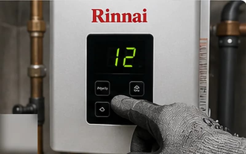 Close-up of a plumber's hands working on pipe fittings — Rinnai tankless water heater flame failure diagnosis