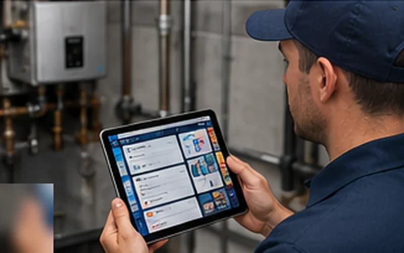 HVAC technician using a diagnostic tablet on a service call — AI-powered water heater troubleshooting tools for plumbers