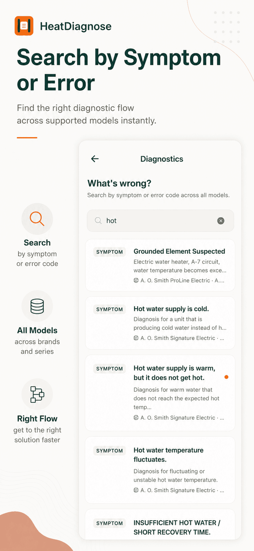 HeatDiagnoses error code and symptom search — water heater diagnostic tool