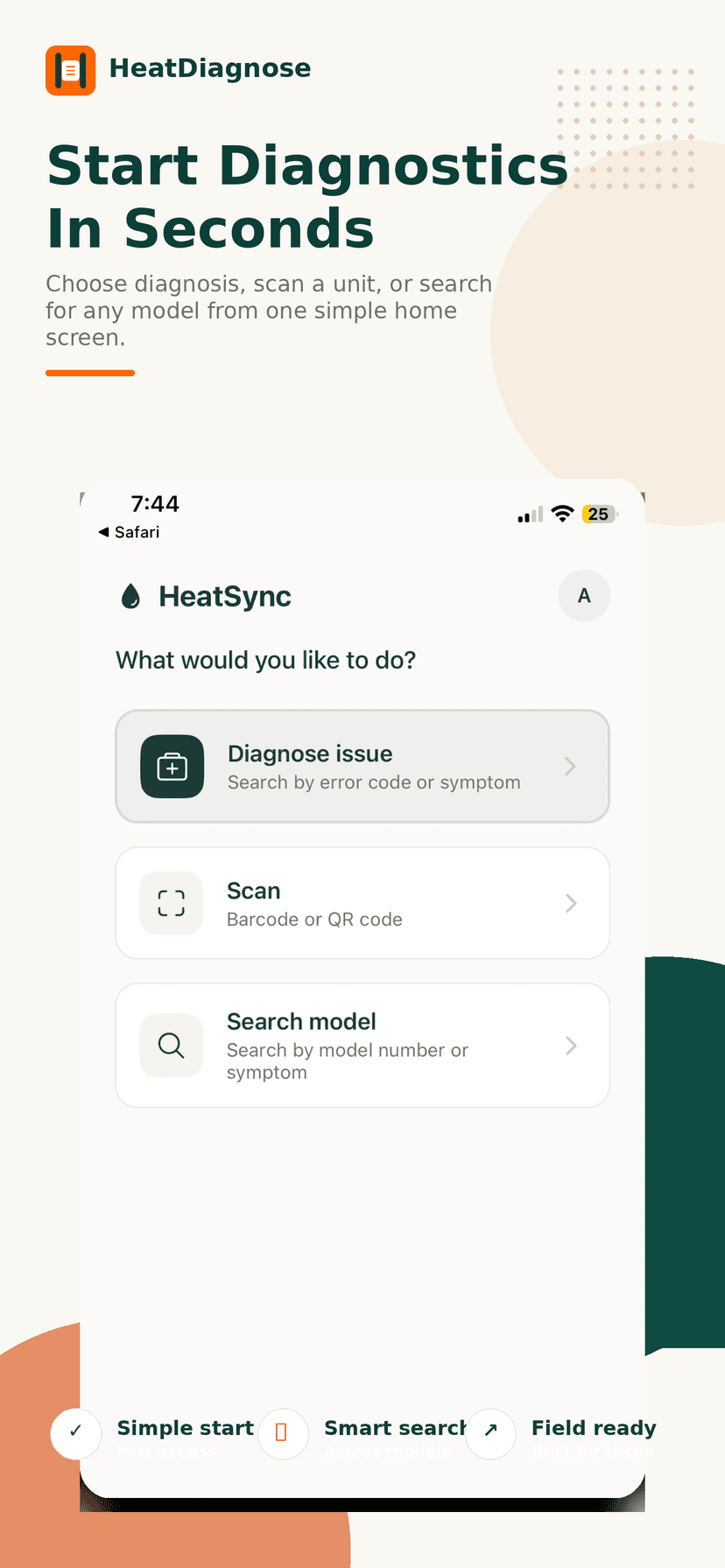 HeatDiagnoses home dashboard — water heater diagnostic app for HVAC technicians