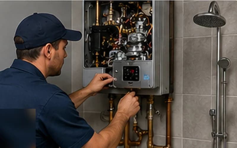 Technician concentrating on adjusting a water pump — complete diagnosis guide for tankless water heater producing no hot water