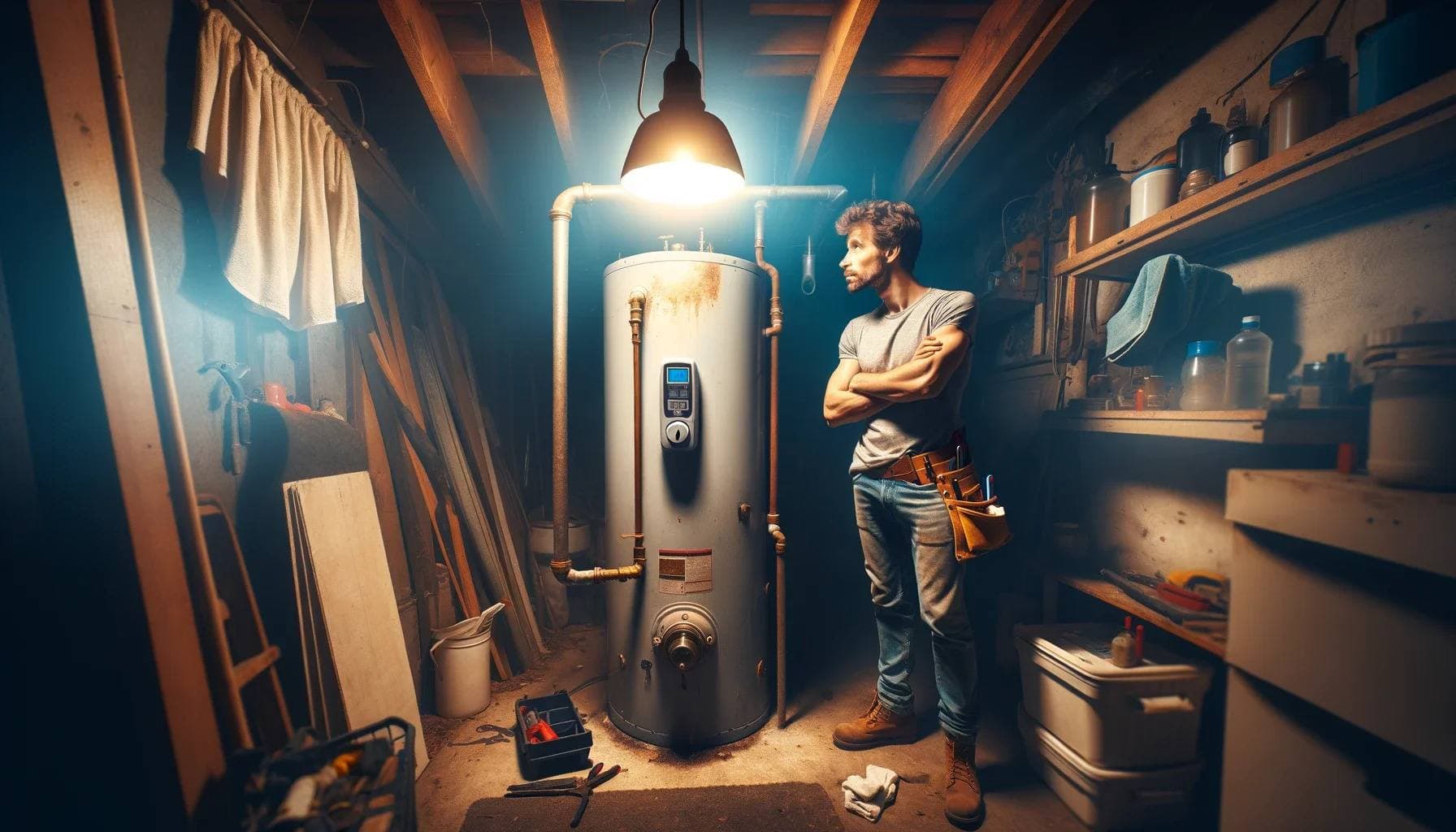 Tankless water heater device installed in a modern home setting